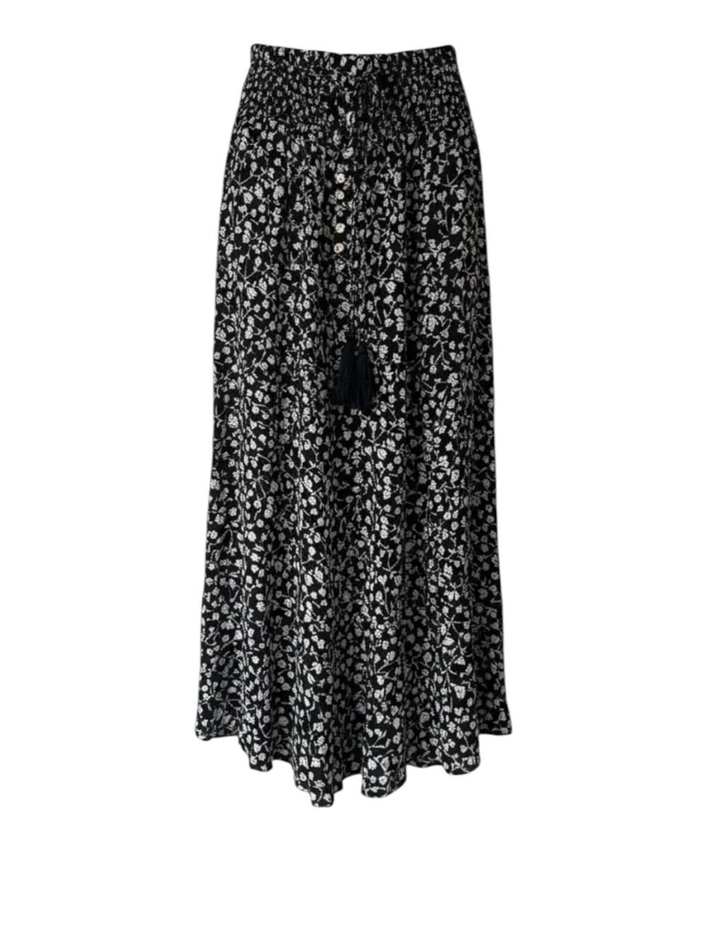 Rose & Thyme Maxi Skirt XL Black White Floral Boho Button Front